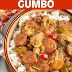 Slow Cooker Chicken Sausage Gumbo with ladle in a crock.