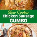 Slow Cooker Chicken Sausage Gumbo with ladle in a crock.