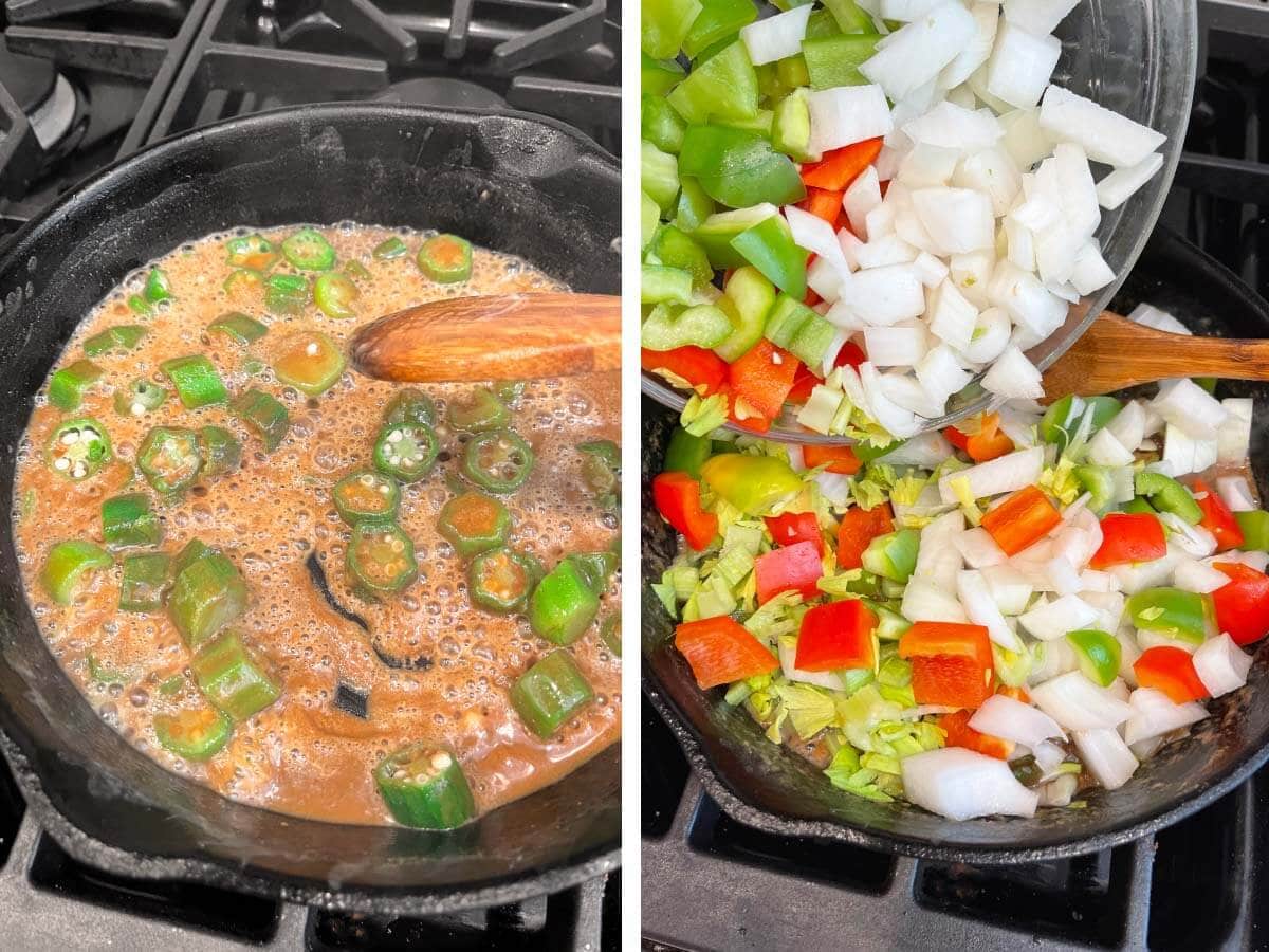 stirring okra in roux, adding veggies to roux.
