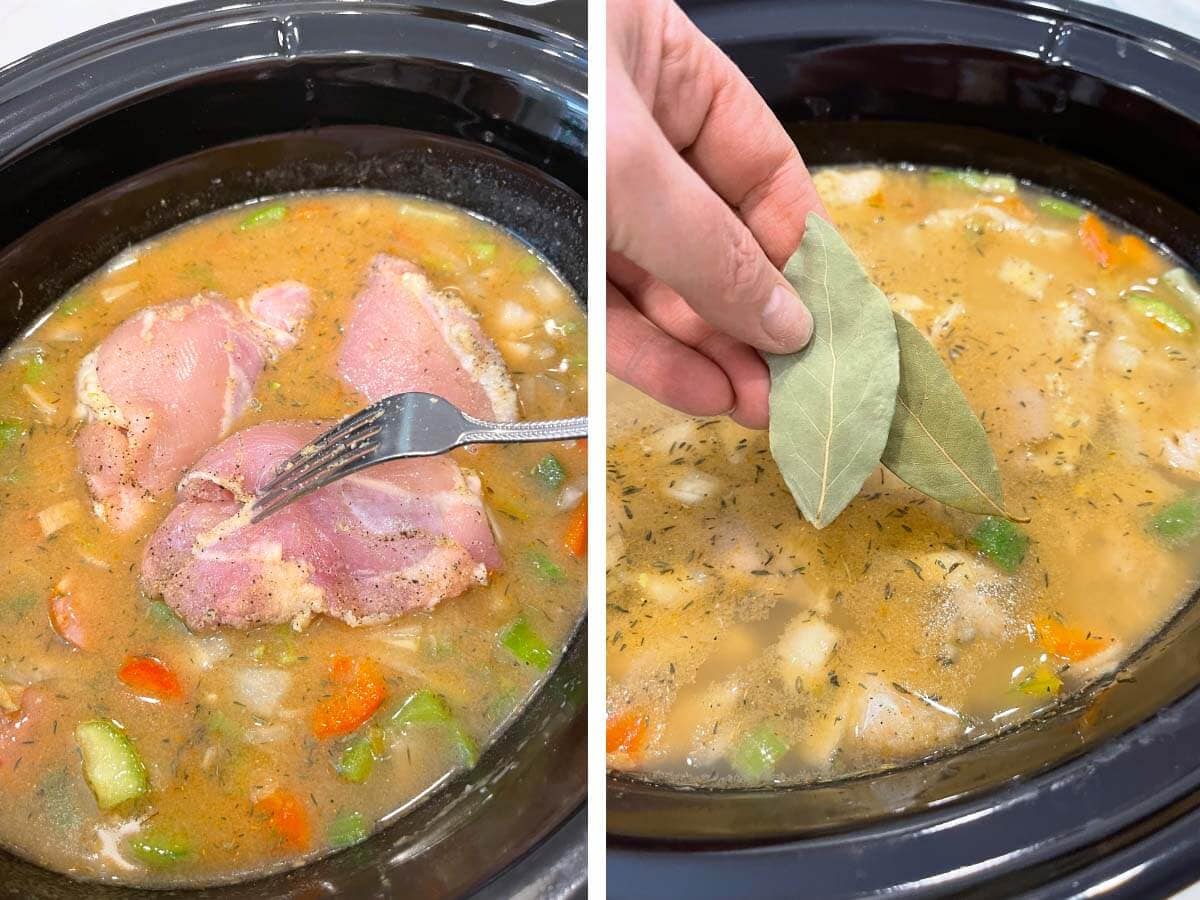 adding chicken to crock, adding bay leaves to crock.