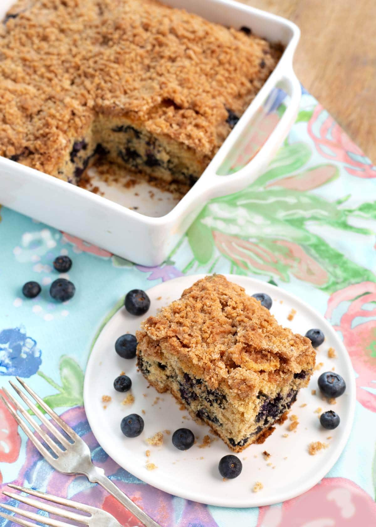 Blueberry Coffee Cake on a white plate.