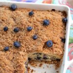 Blueberry Buckle Coffee Cake in white dish