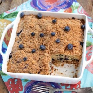 Blueberry Coffee Cake in a white dish.
