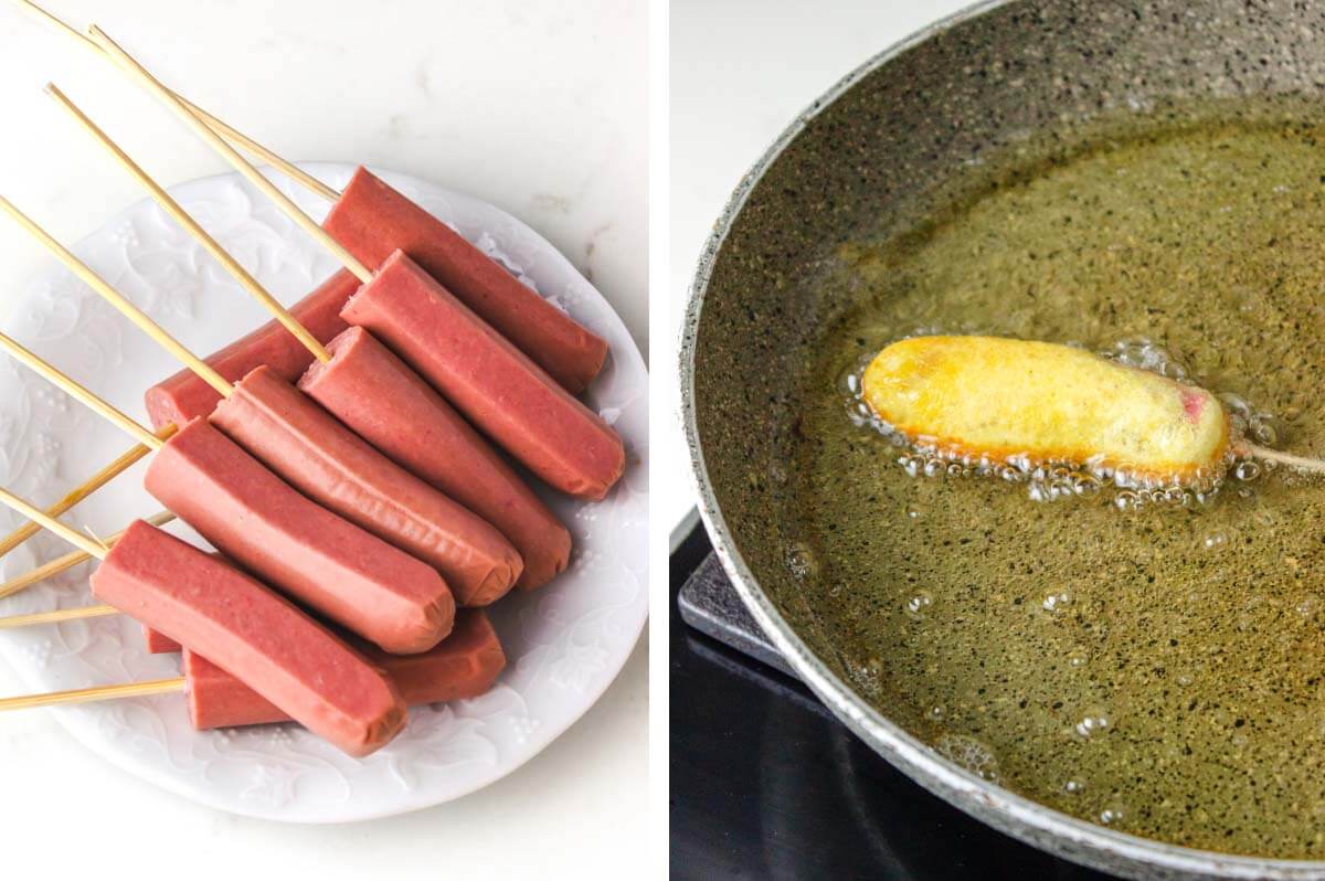 hot dogs on skewers, corn dog frying.