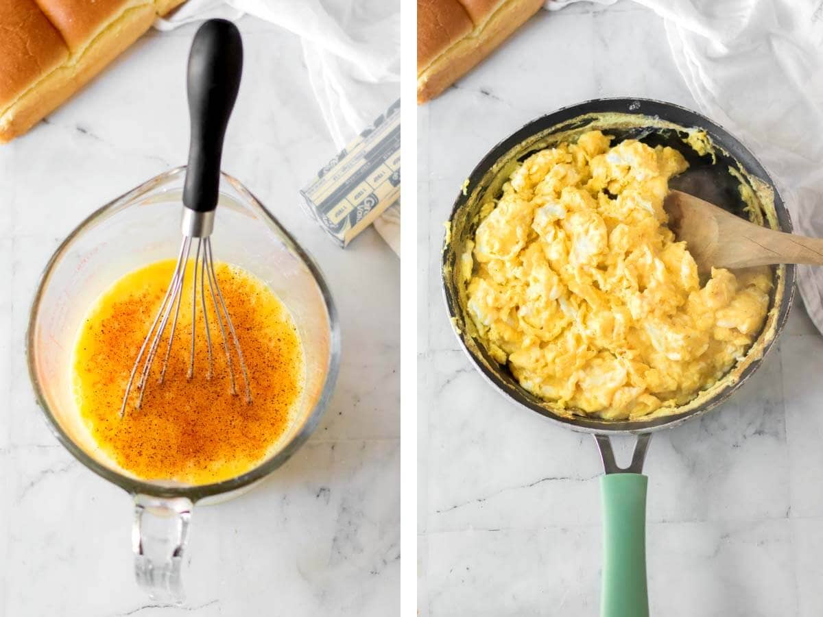 mixing sauce in cup, scrambled eggs in pan.