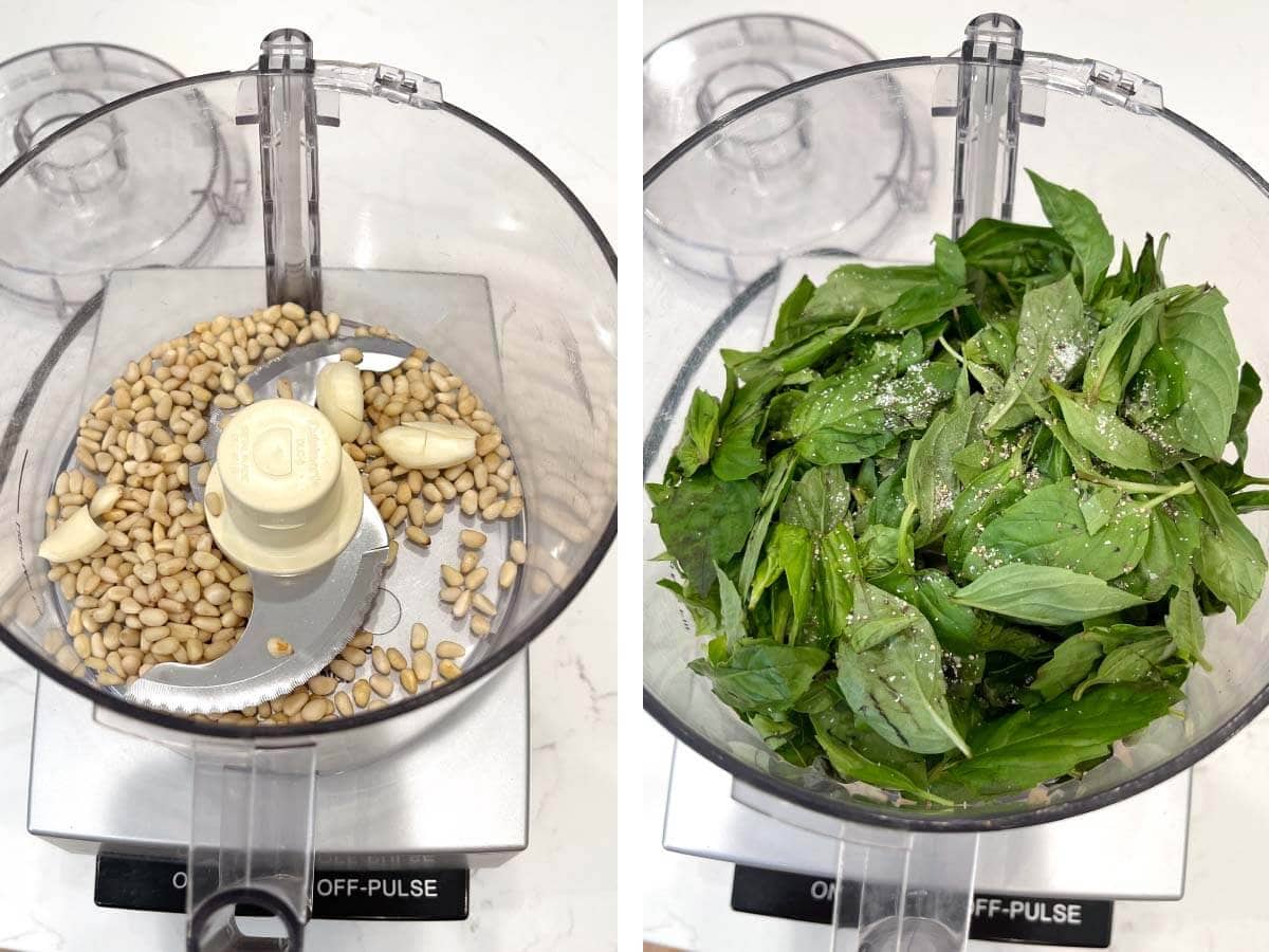 pine nuts and garlic in food processor, basil added.