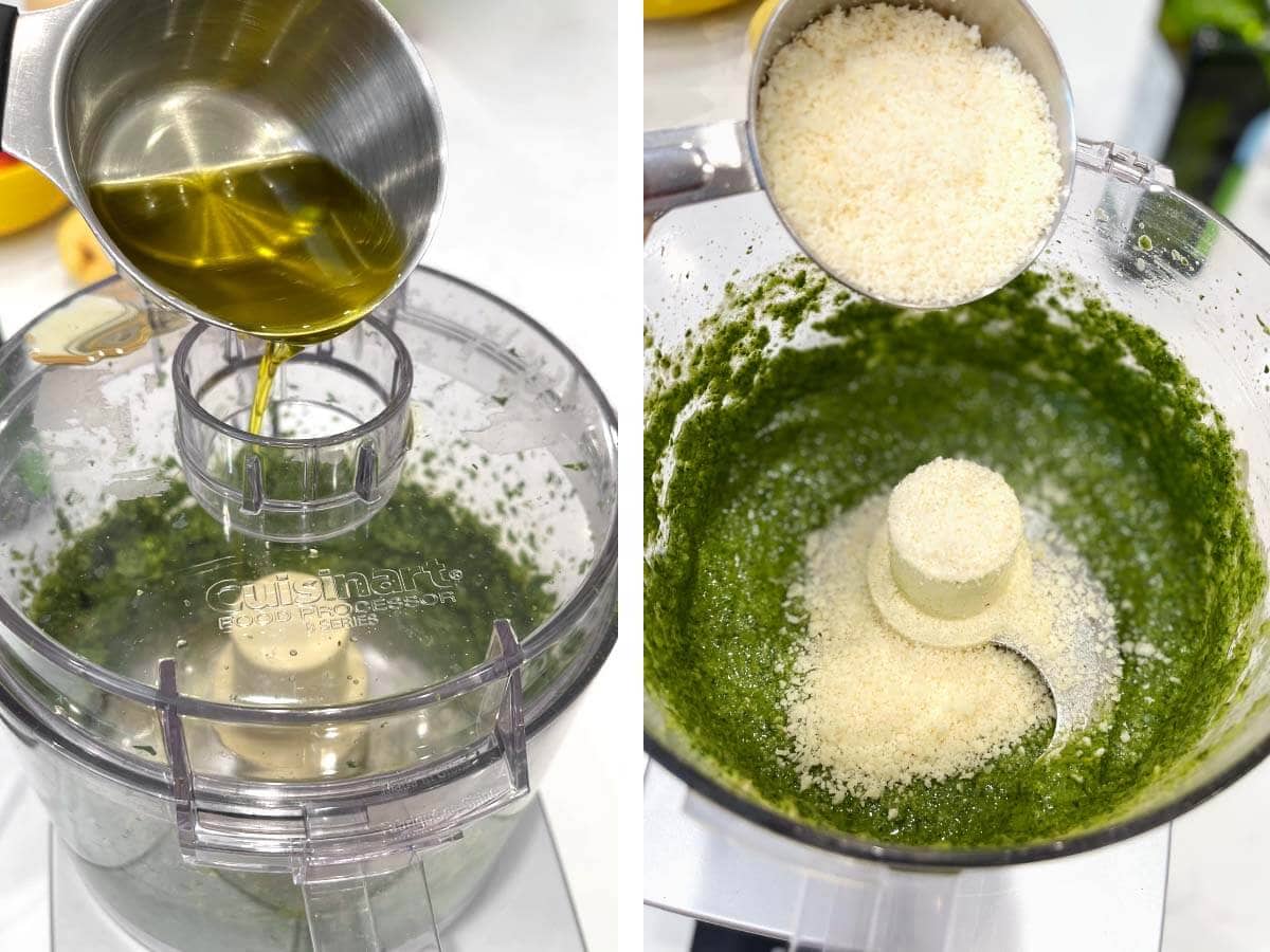 drizzling olive oil into food processor, adding parmesan.