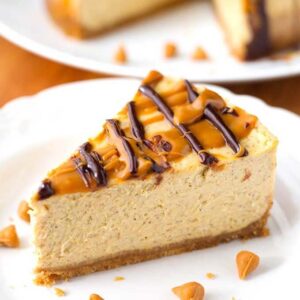 Instant Pot Pumpkin Cheesecake slice on a plate