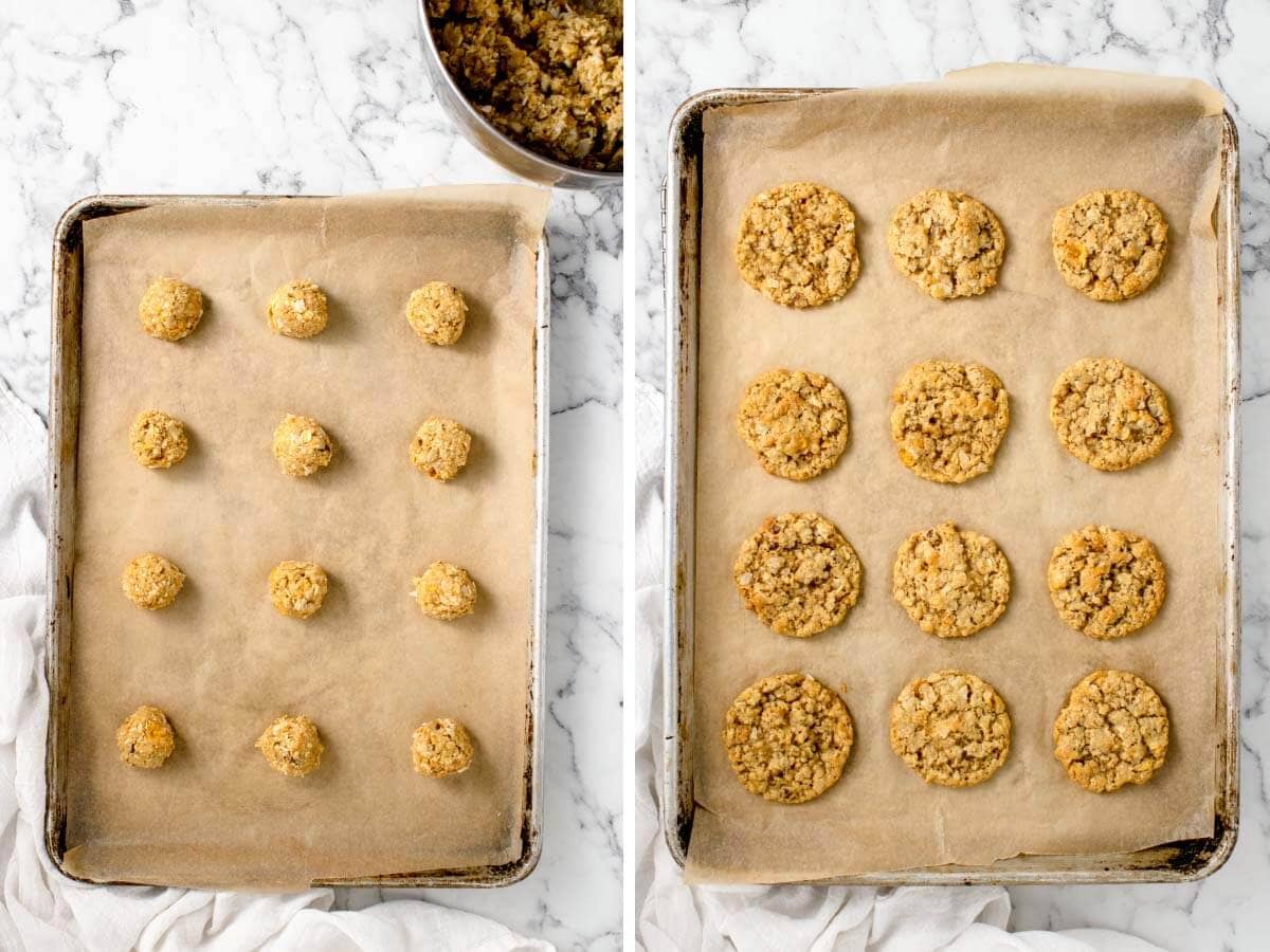 cookie dough balls on pan, baked cookies on pan.