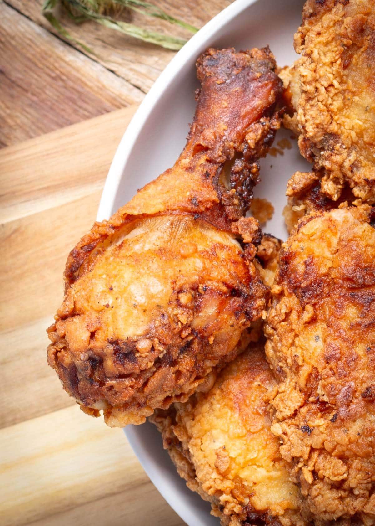 closeup of a fried chicken leg.