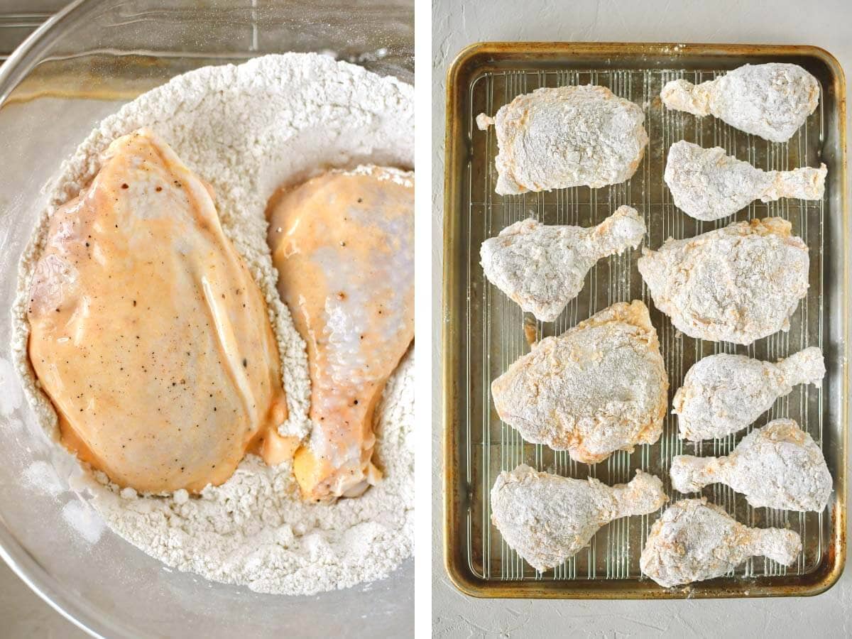 2 pieces chicken in bowl of flour mixture, floured chicken pieces on wire rack.