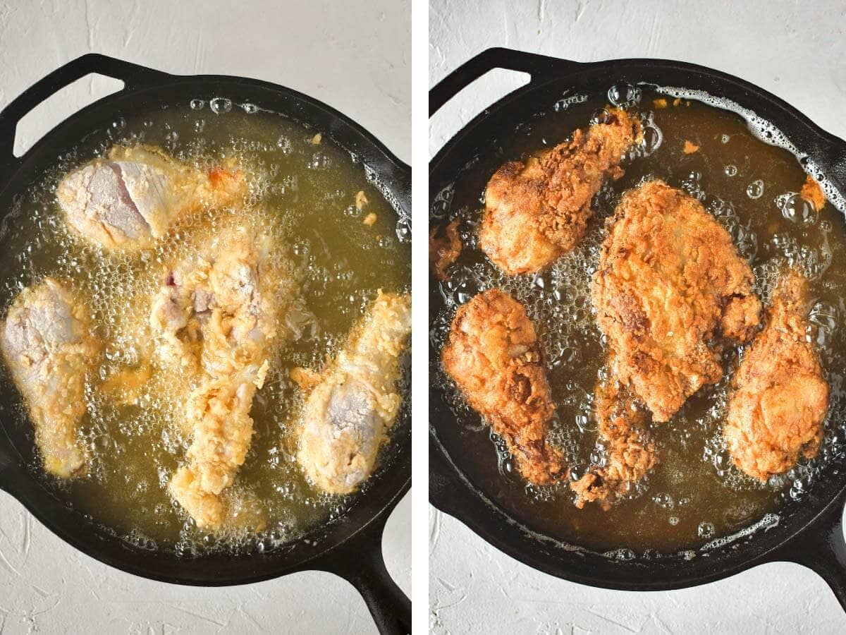 chicken frying in oil in skillet, chicken flipped over frying second side.