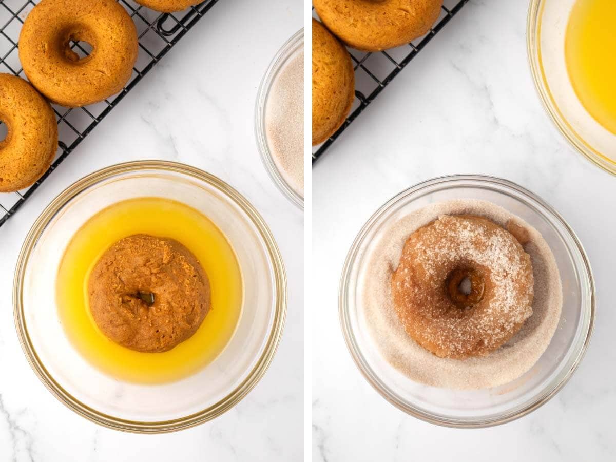 donut in melted butter in bowl, donut in cinnamon sugar in bowl.