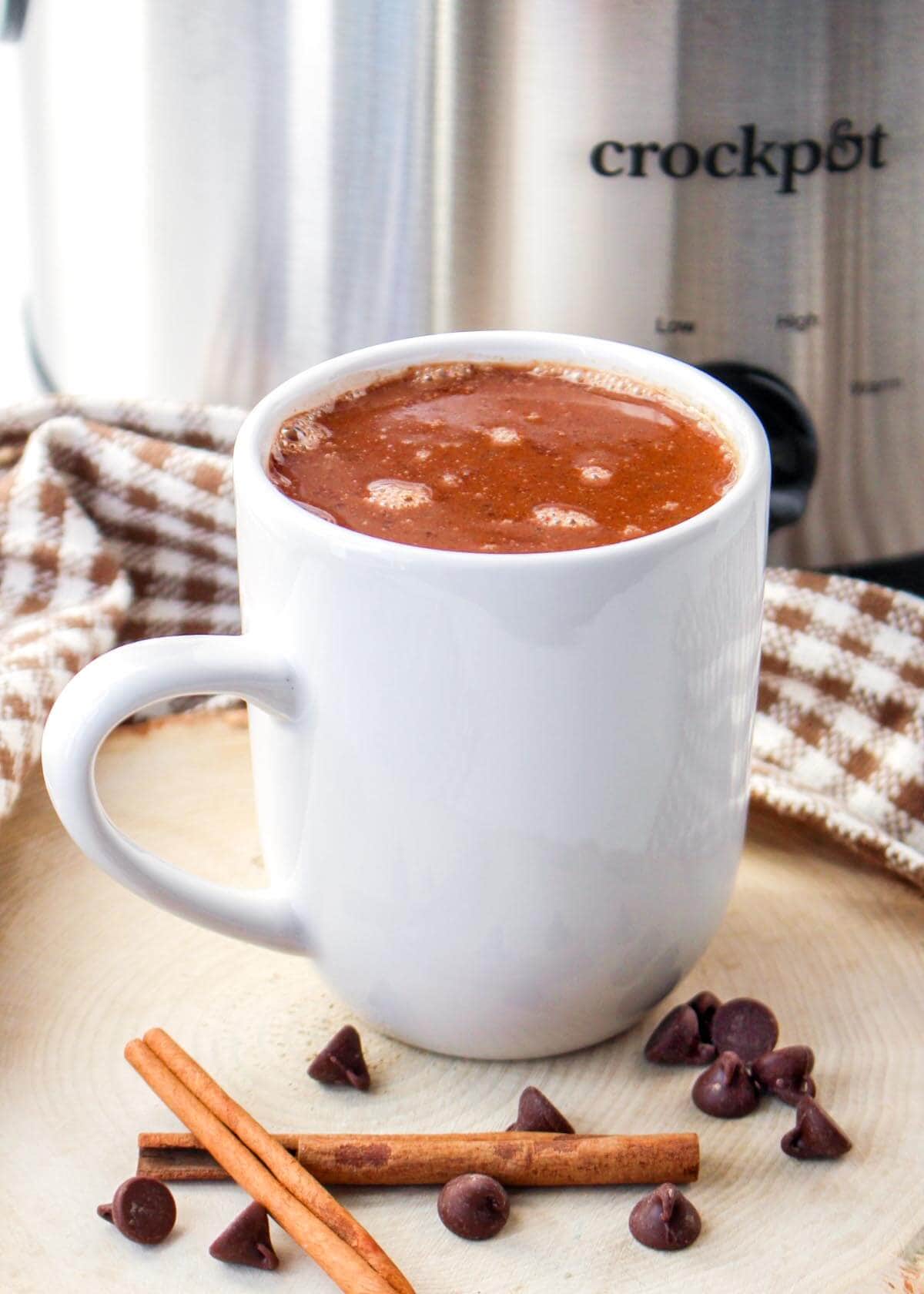 white mug of Slow Cooker Mexican Hot Chocolate.