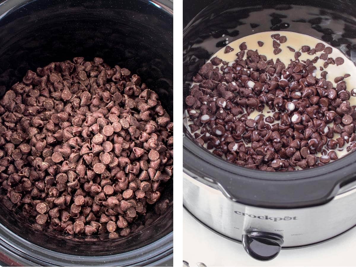 chocolate chips in crock, milk and spices in crock.