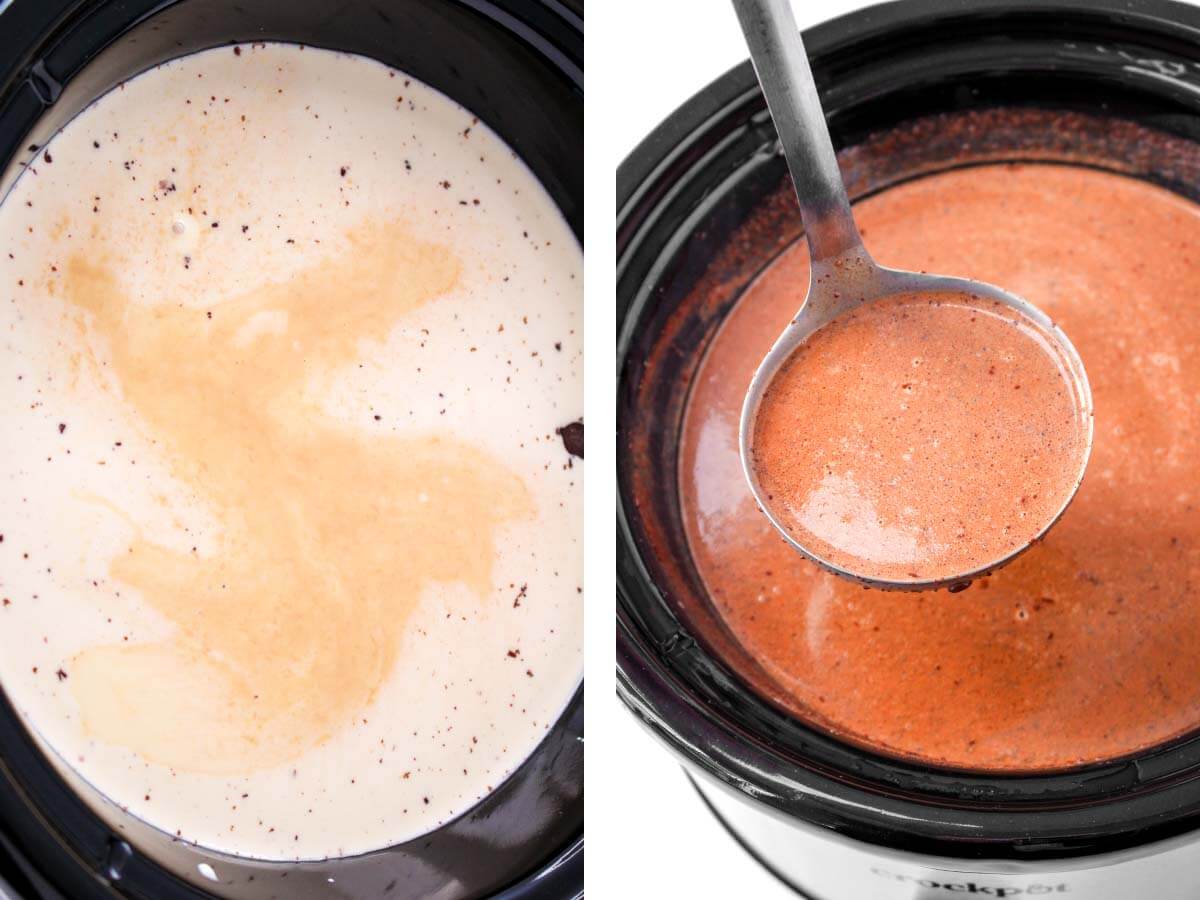 ingredients in crock stirred, ladle of hot chocolate over crock.