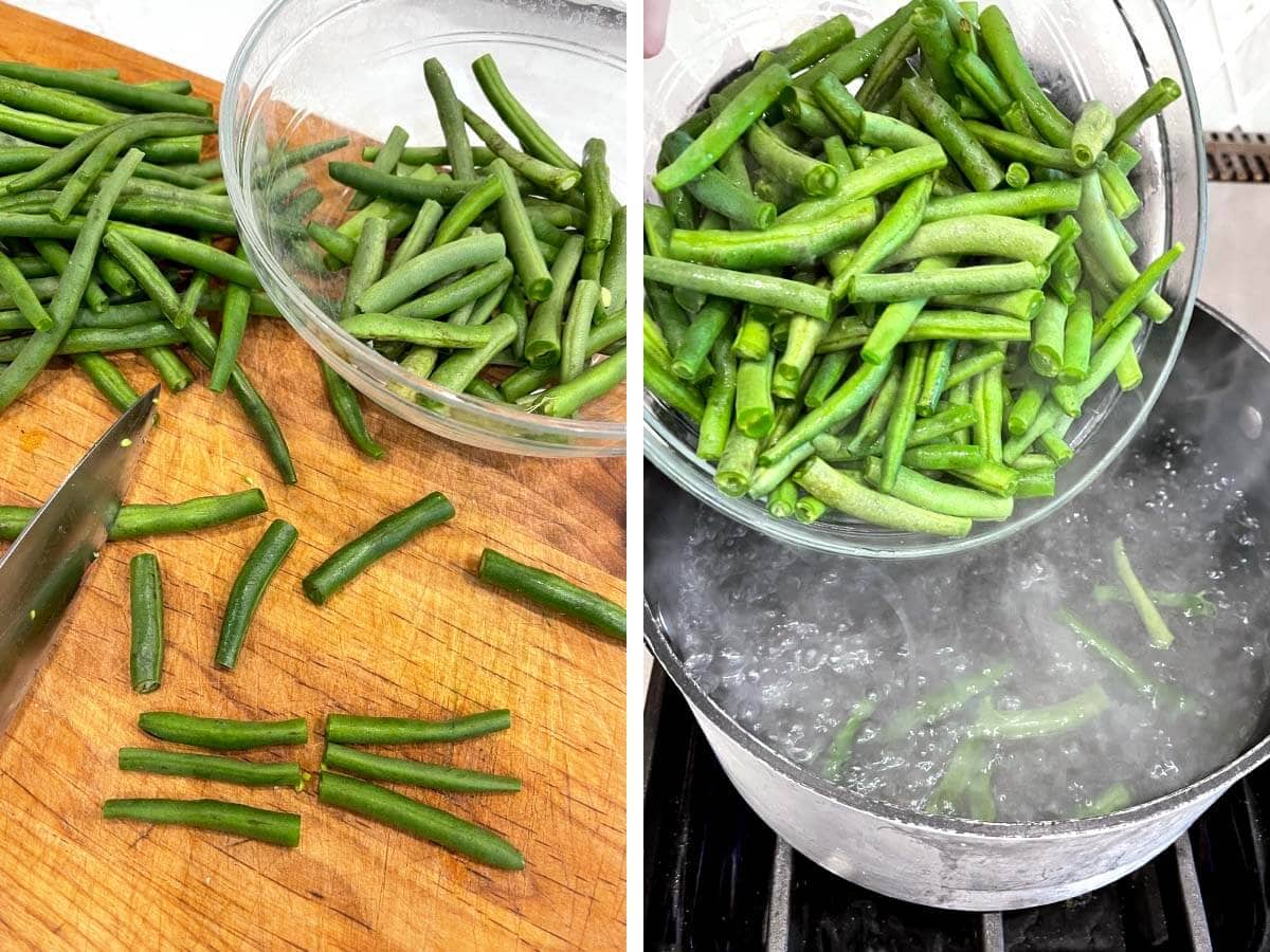 green beans on cutting board with knife, putting green beans in boiling water.