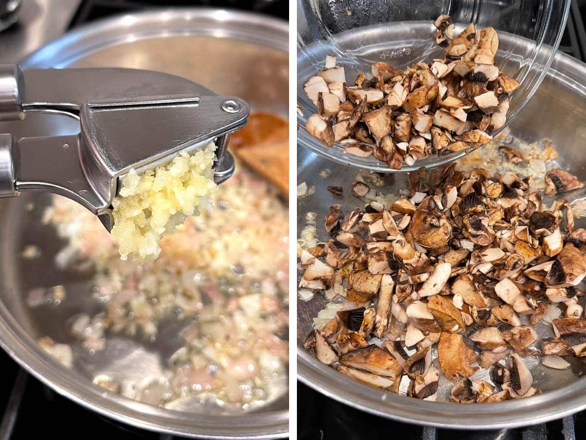 adding garlic to shallot in pan, adding mushrooms to the pan.