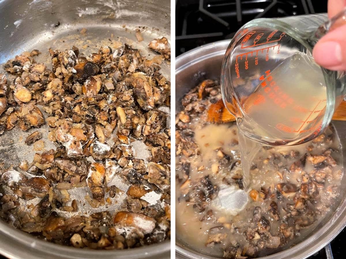 stirring flour in mushrooms, pouring broth in mushroom mixture in pan.
