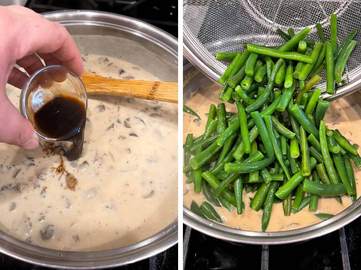adding soy sauce/worcestershire sauce mix to sauce, green beans going in to the sauce.