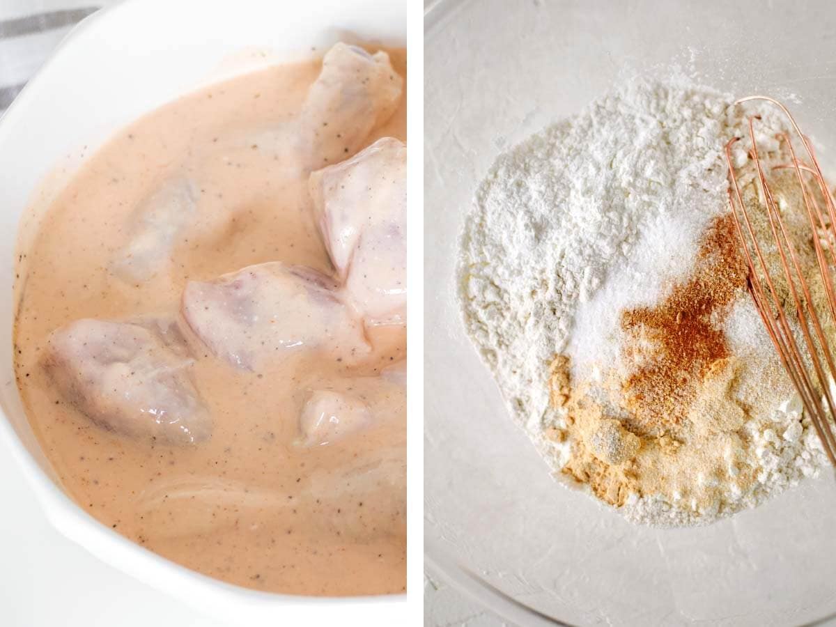 raw chicken pieces in buttermilk, flour and spices in bowl with whisk.