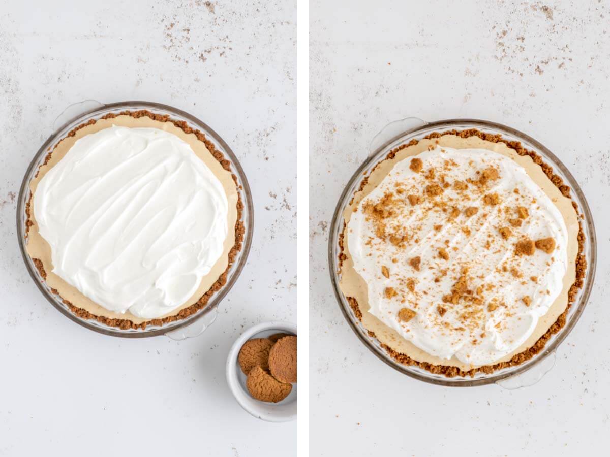 whipped cream on pie, cookie crumbs added.