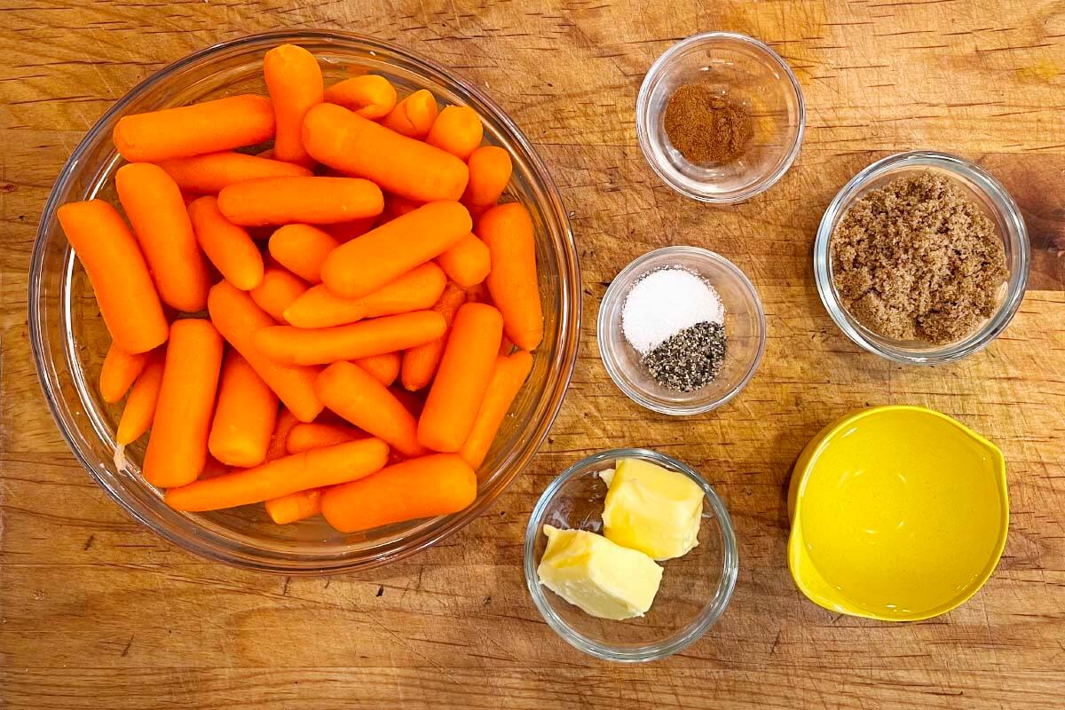 Buttery Brown Sugar Glazed Carrots ingredients overview shot.