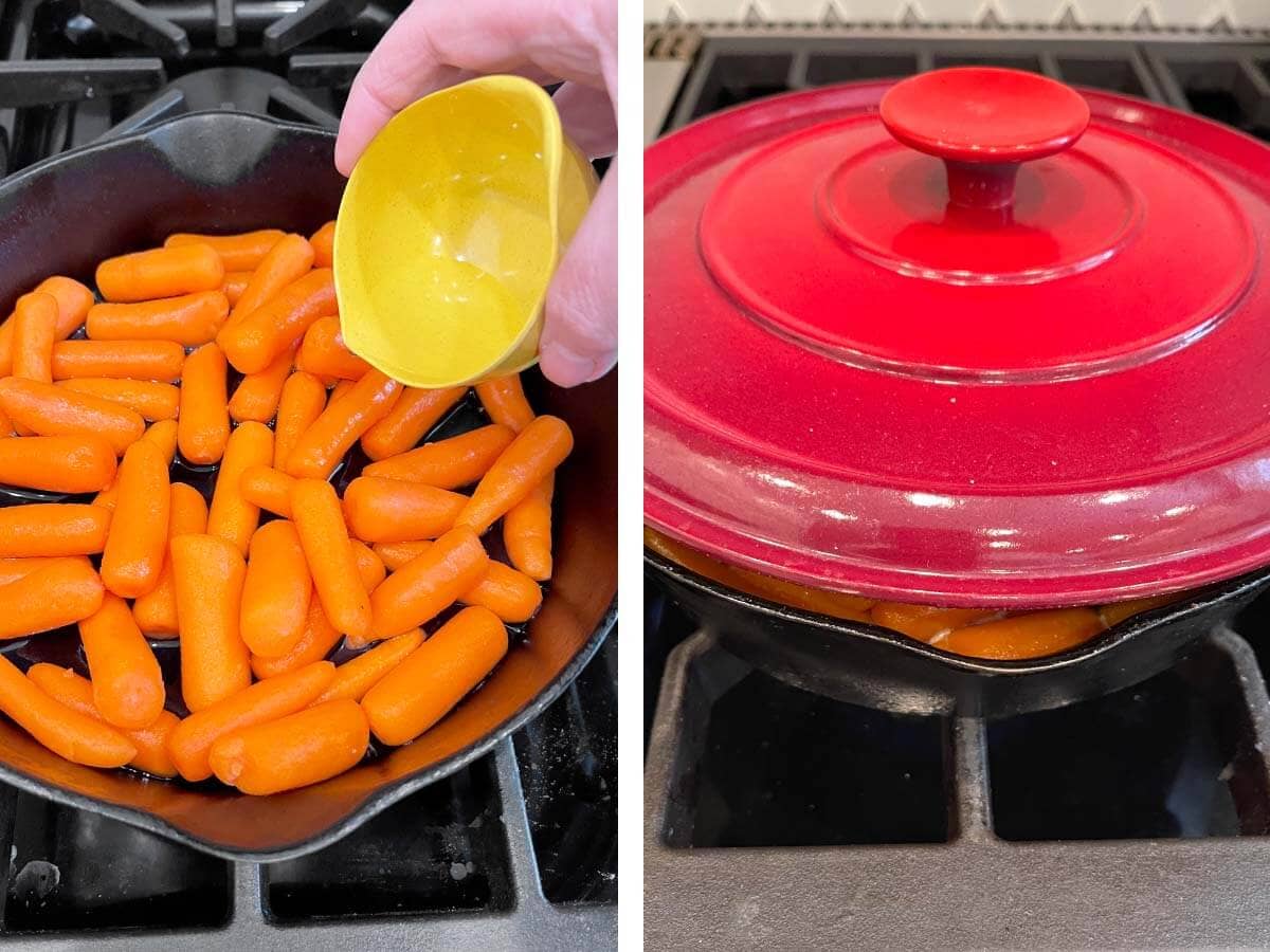 adding water to carrots in skillet, lid on skillet.