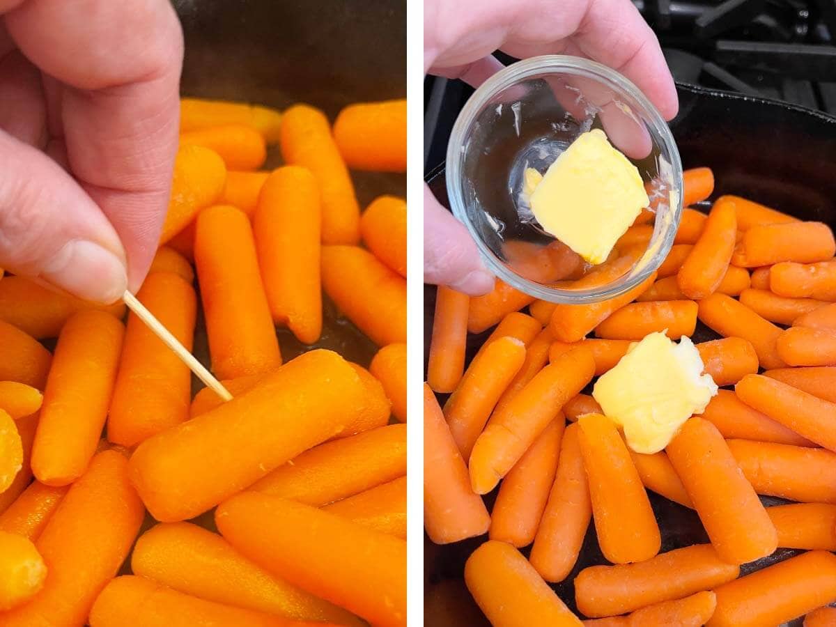 checking carrots doneness with toothpick, adding butter to carrots.