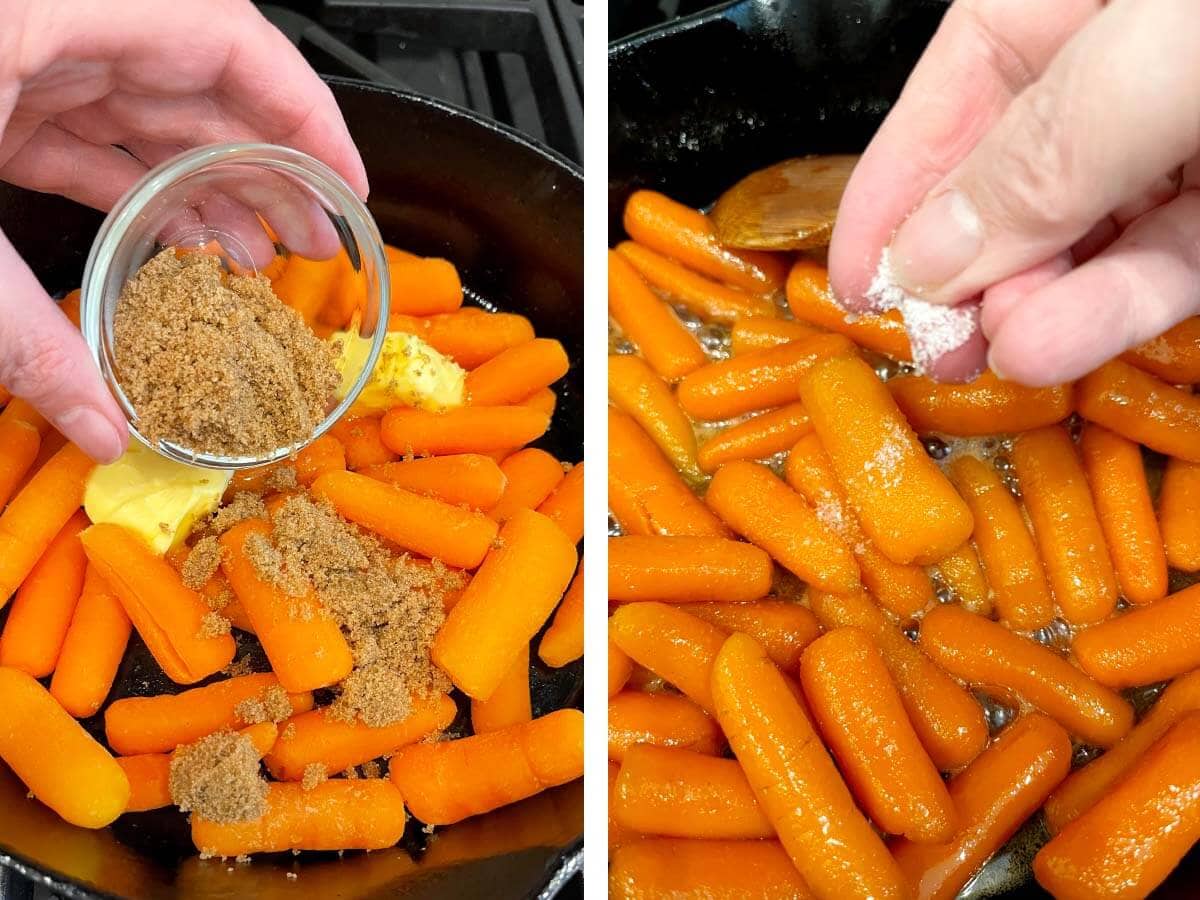 adding brown sugar to the carrots, adding pinch of salt to carrots.