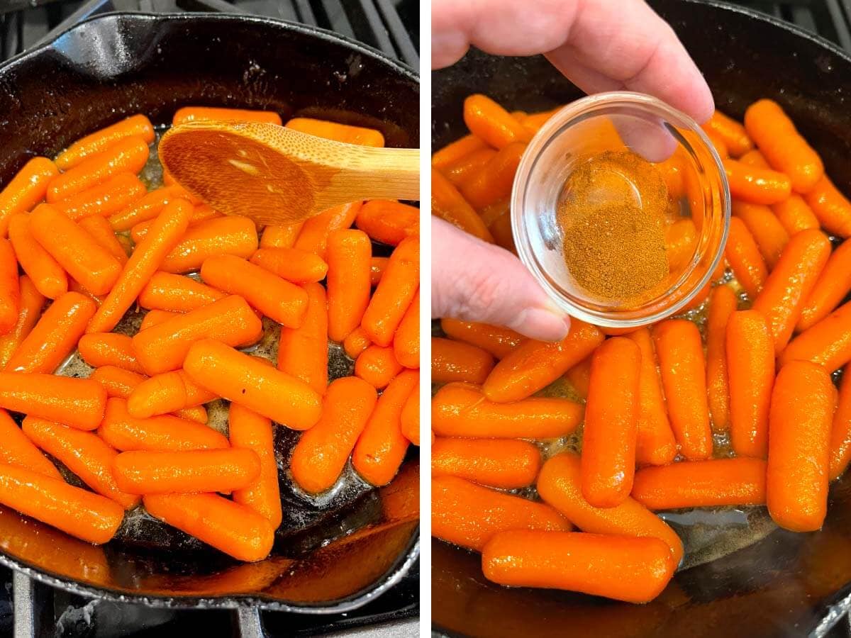 stirring carrots in skillet, adding cinnamon to carrots.