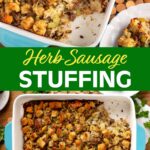 Herb Sausage Stuffing in a baking dish.