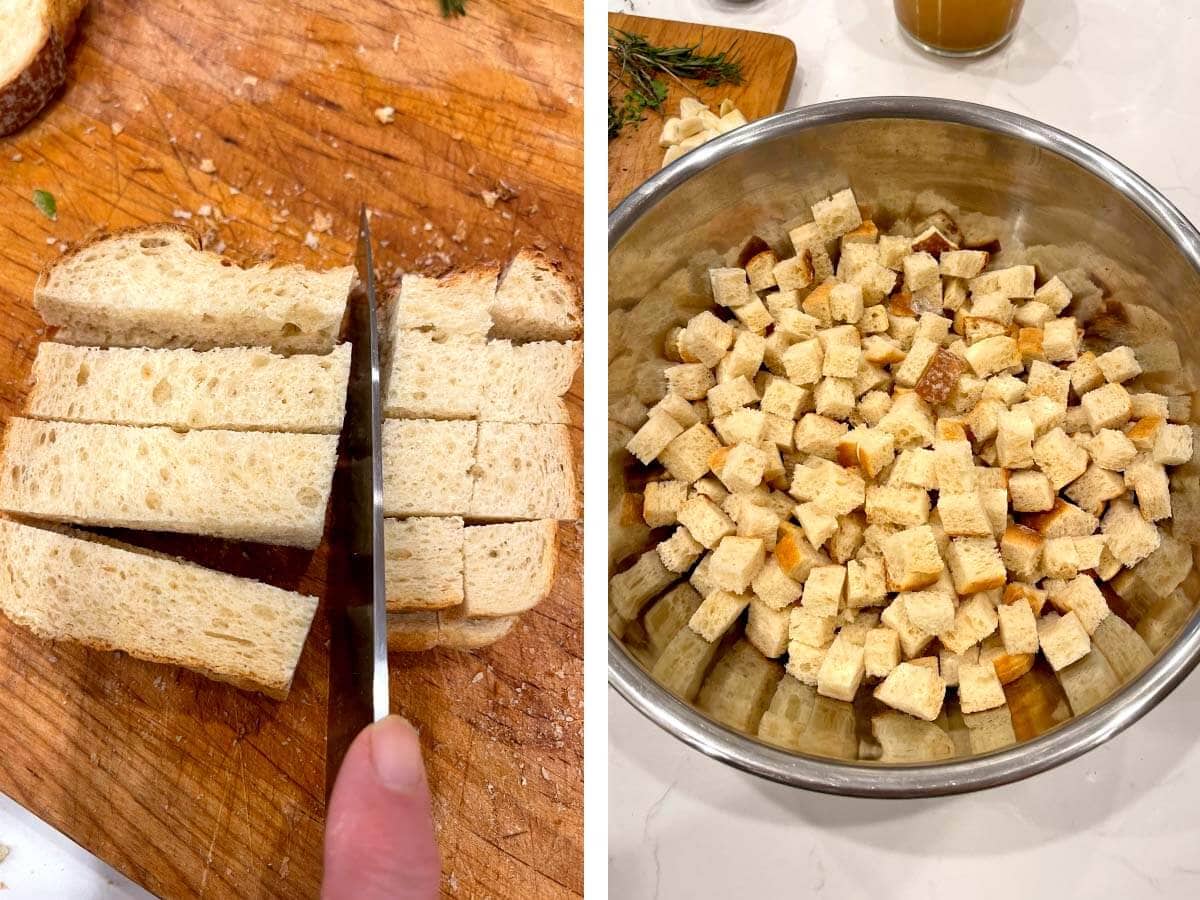 cutting bread cubes, bread cubes in bowl.
