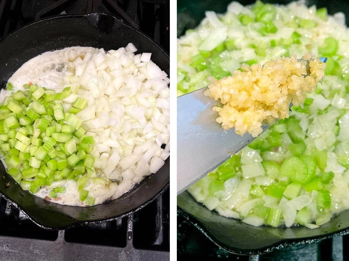 celery and onion in skillet, adding garlic to onion celery mixture.