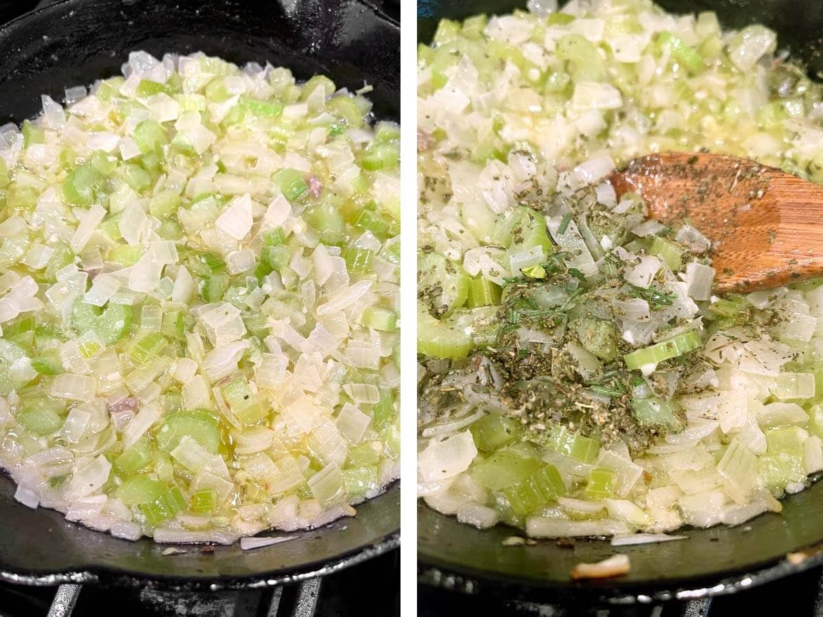 cooked onion and celery mixture, herbs added to sauteed veggies.