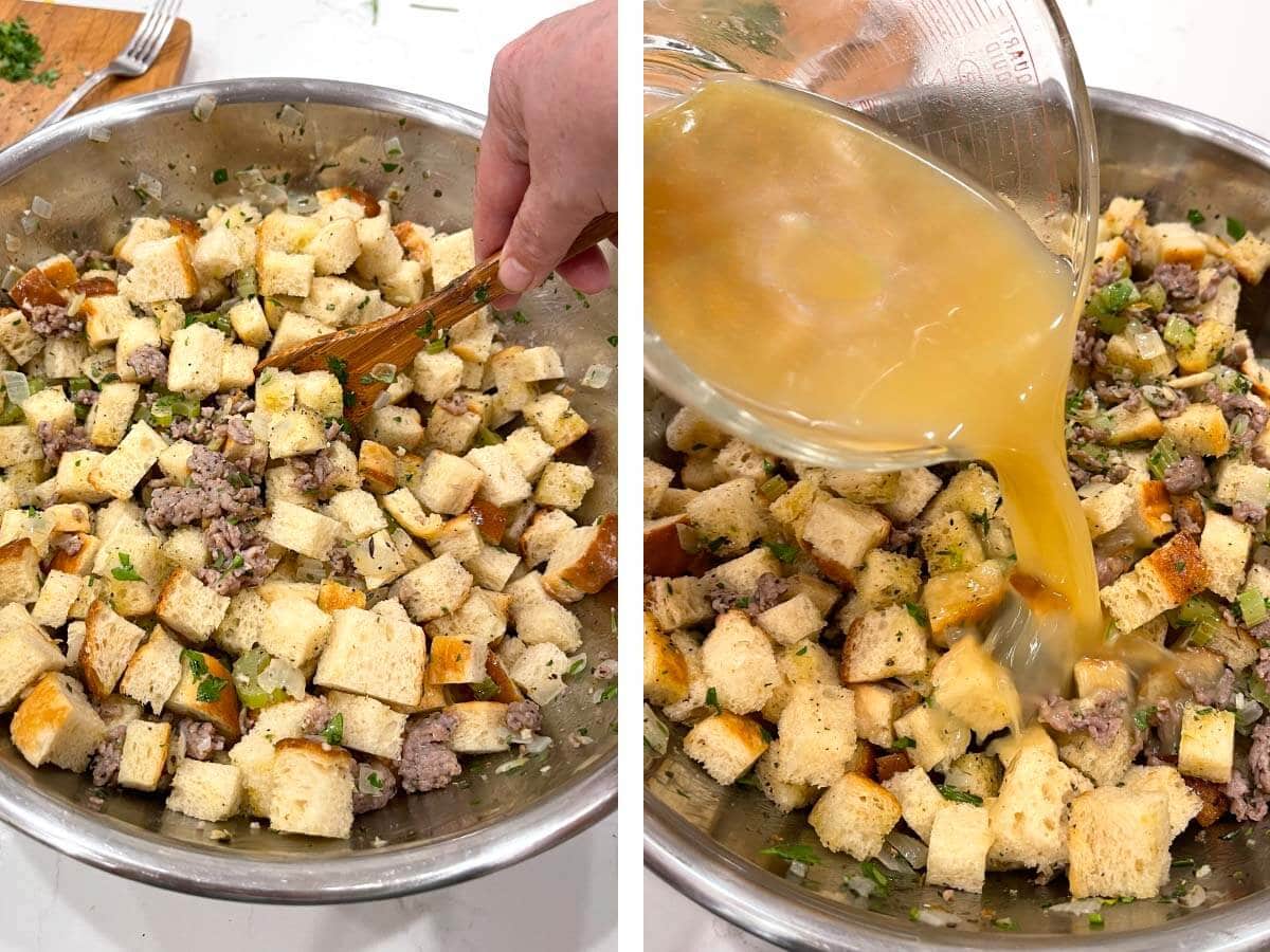 stirring bread cubes, sausage, veggies together. Pouring egg-broth into bread cube mixture.