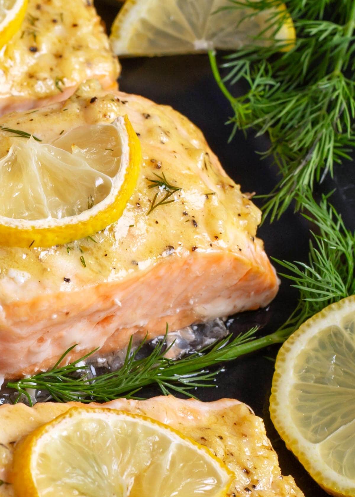 Salmon on a black plate