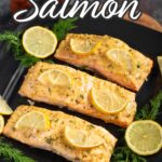 Baked Dijon Salmon filets on a black plate