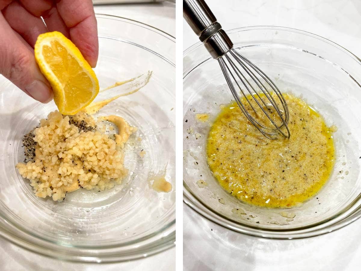 squeezing lemon into bowl with sauce ingredients, whisking sauce.