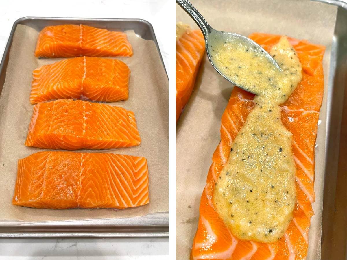 4 salmon filets on baking sheet, spooning sauce onto salmon filet.