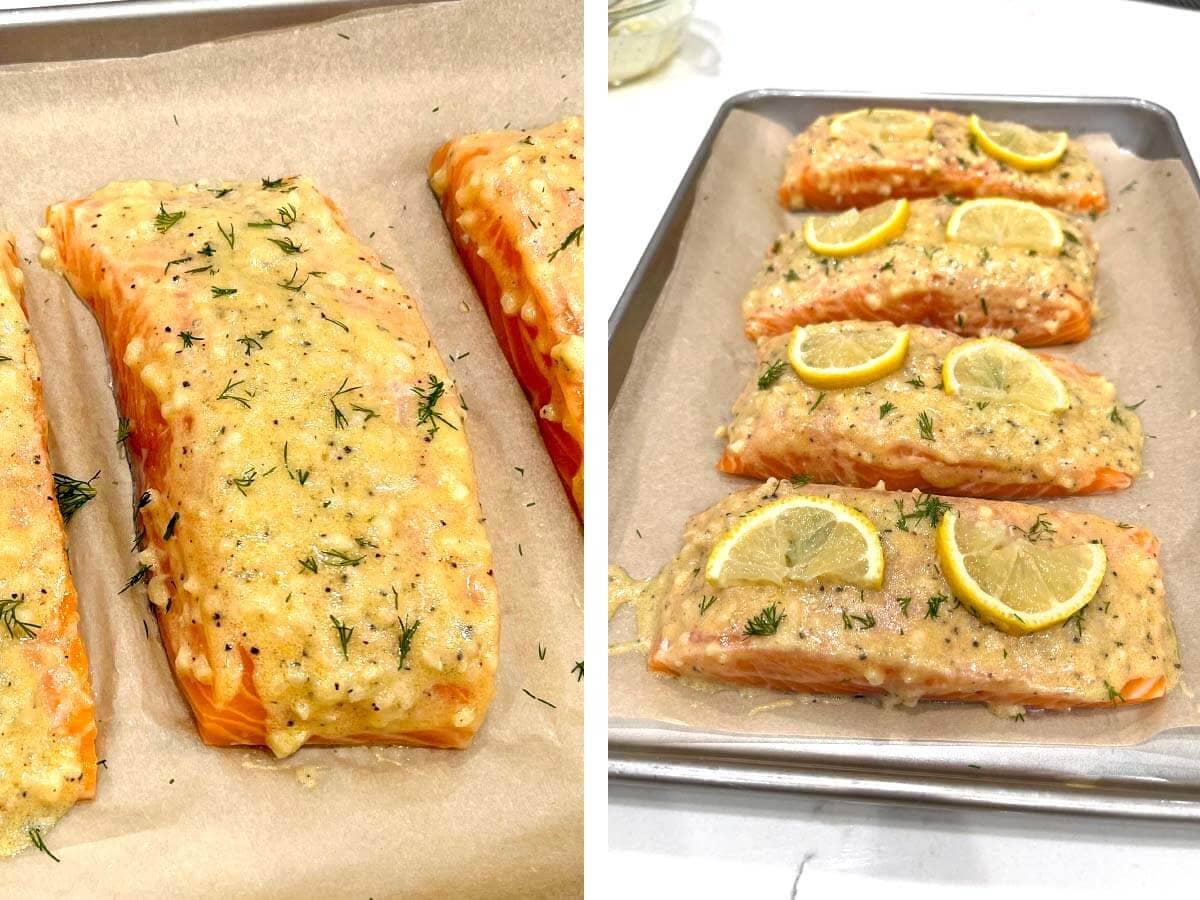 salmon filet coated in sauce, lemon wedges added to tops of salmon filets.