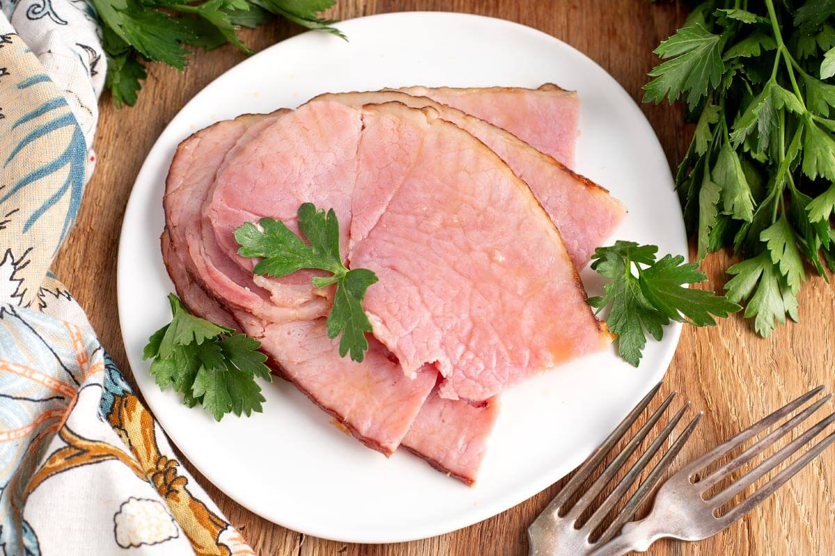Ham on a white plate