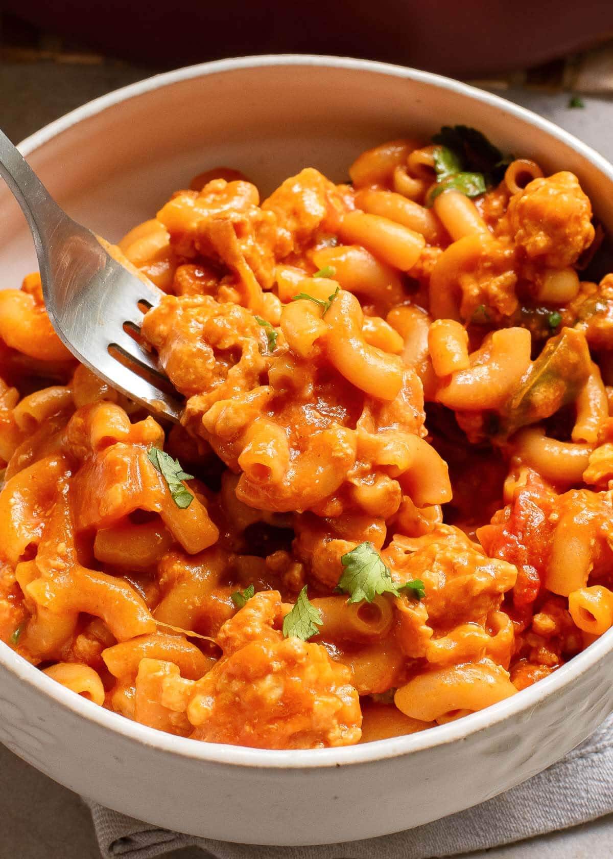 Chicken Goulash in bowl with fork