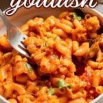 Chicken Goulash in bowl with fork