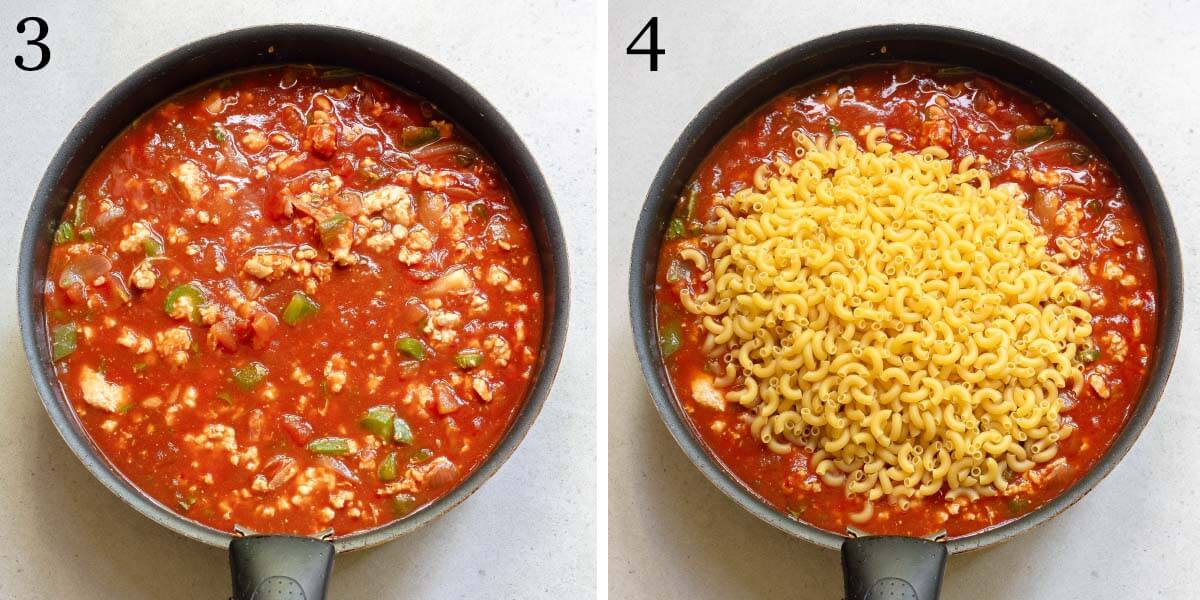 sauce added to pan, dry noodles added to sauce in pan.