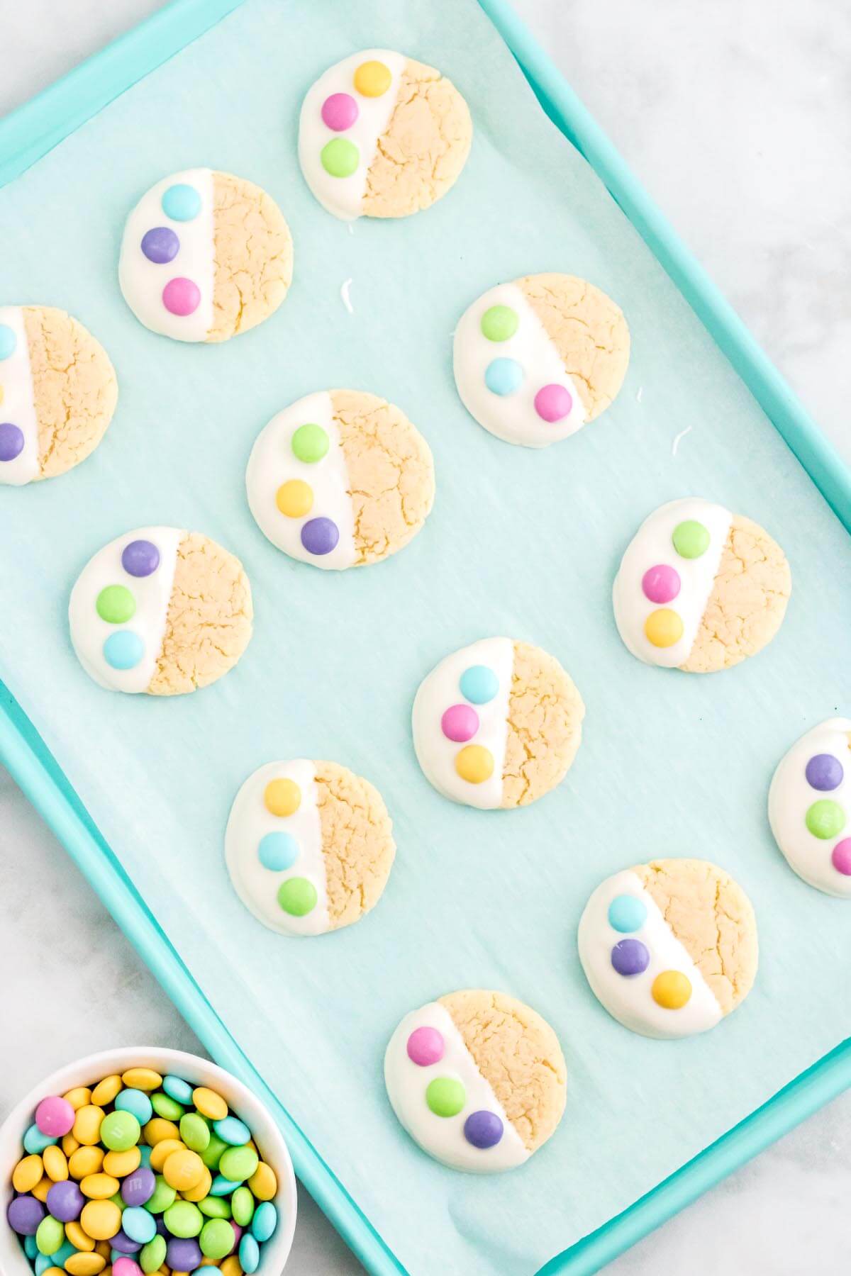 decorated Easter cookies on a cookie sheet