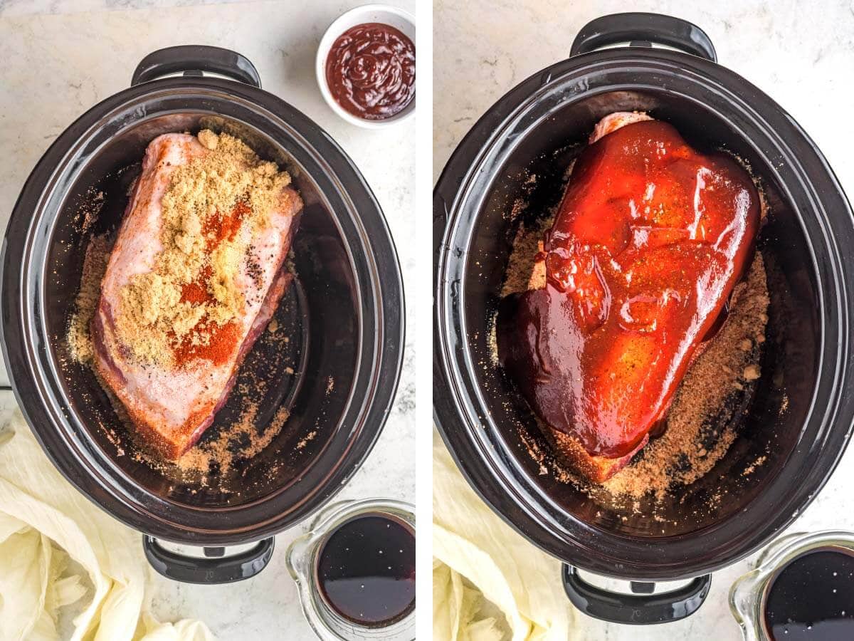 pork roast in crock with sauce over it.