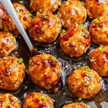 Teriyaki Chicken Meatballs closeup with spoon