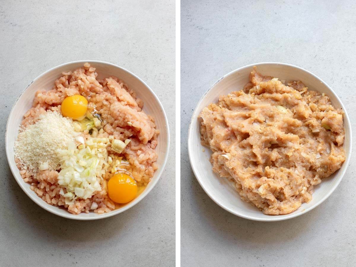 meatball ingredients in bowl, meat mixture mixed.