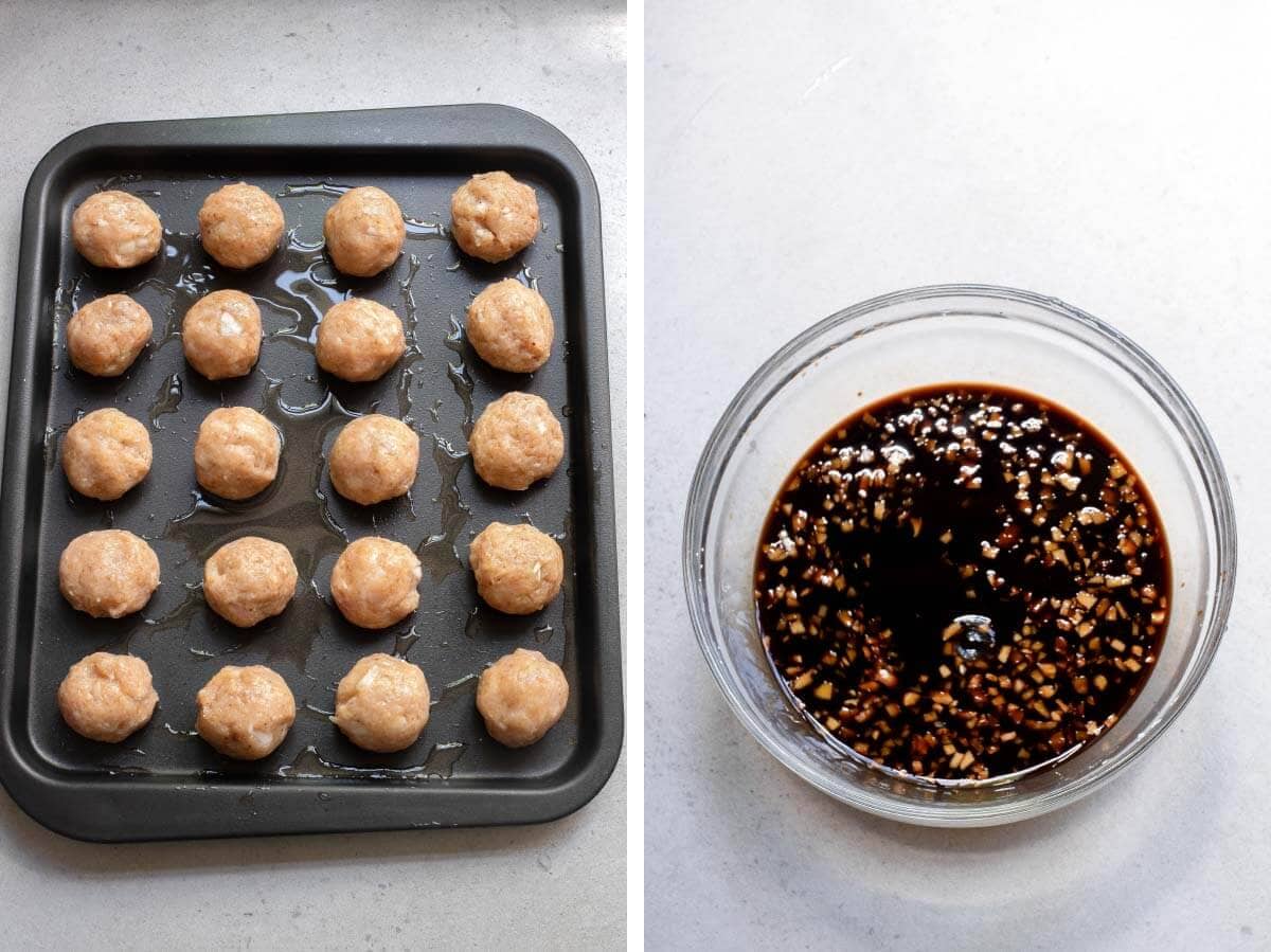 meatballs on baking sheet, sauce ingredients in a bowl.